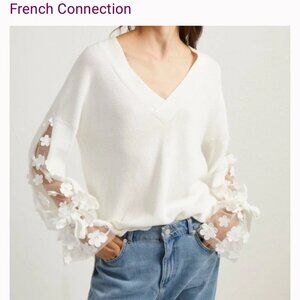 French Connection white cotton sweater with FLORAL TIE SLEEVES - Romantic , XS